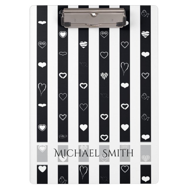 Elegant Black White Stripes Modern Heart Pattern Clipboard (Front)