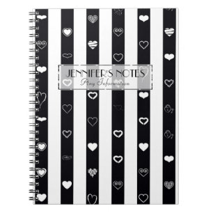 Elegant Black White Stripes Modern Heart Pattern Notebook