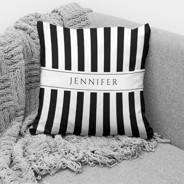 Elegant Black & White Stripes Pattern Name Cushion (Creator Uploaded)