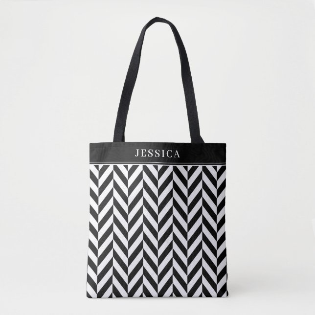 Elegant Black & White Stripes Pattern Name Tote Bag (Front)