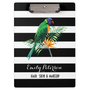 Elegant Black White Stripes With Bird And Fowers Clipboard