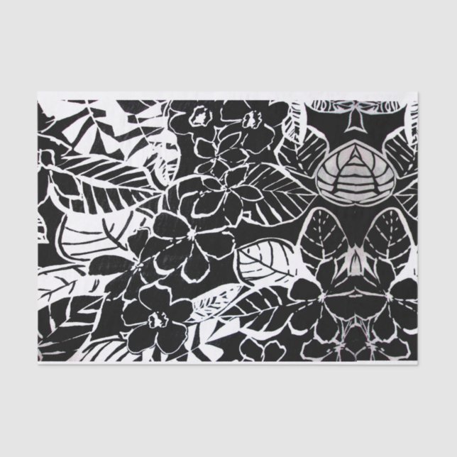 Elegant Black & White Stylised Flowers & Foliage Tissue Paper (Front)