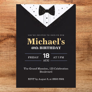 Elegant Black & White Suit Men's 40th Birthday Invitation
