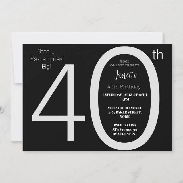 Elegant Black & White Surprise forty Birthday  Invitation (Front)