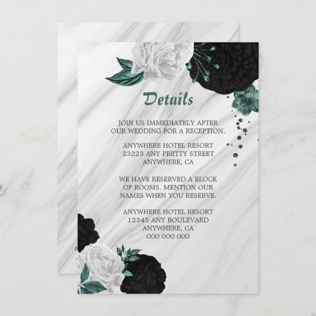Elegant black white  & teal flowers details enclos enclosure card (Front/Back)