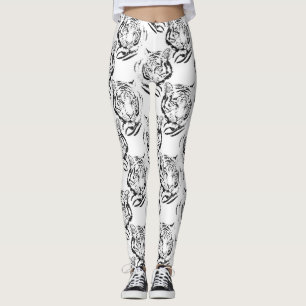 Elegant Black & White Tiger Head Print Design Leggings