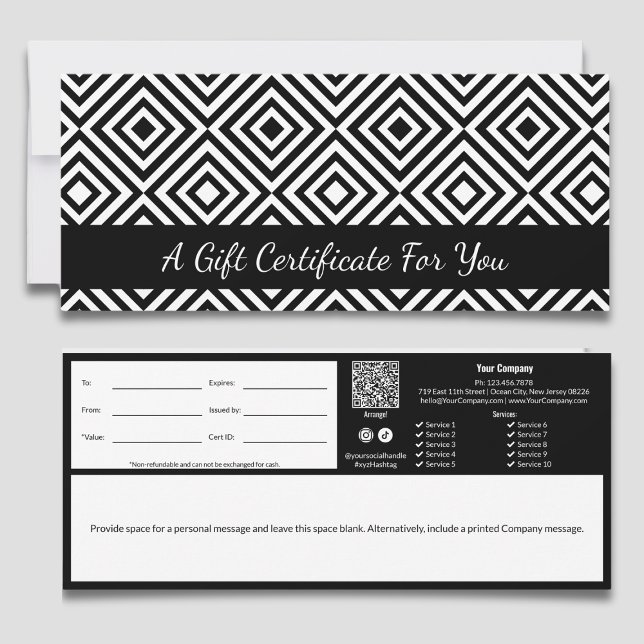 Elegant Black White Tile Pattern Gift Certificate (Elegant Black White Tile Pattern Gift Certificate, QR-code, Terms, Track-ID, Write Note)