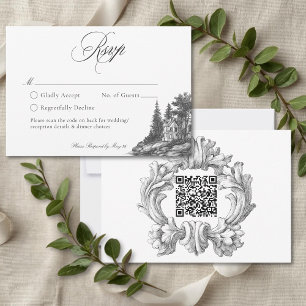 Elegant Black White Toile French Manor Wedding QR RSVP Card