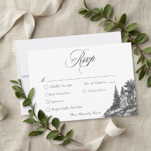 Elegant Black White Toile French Manor Wedding RSVP Card