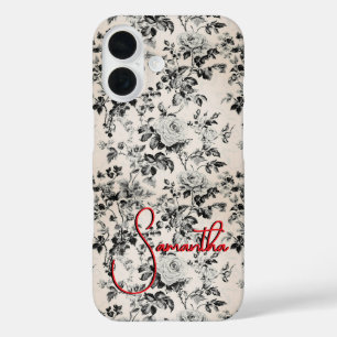 Elegant black white toile red monogram  iPhone 16 case