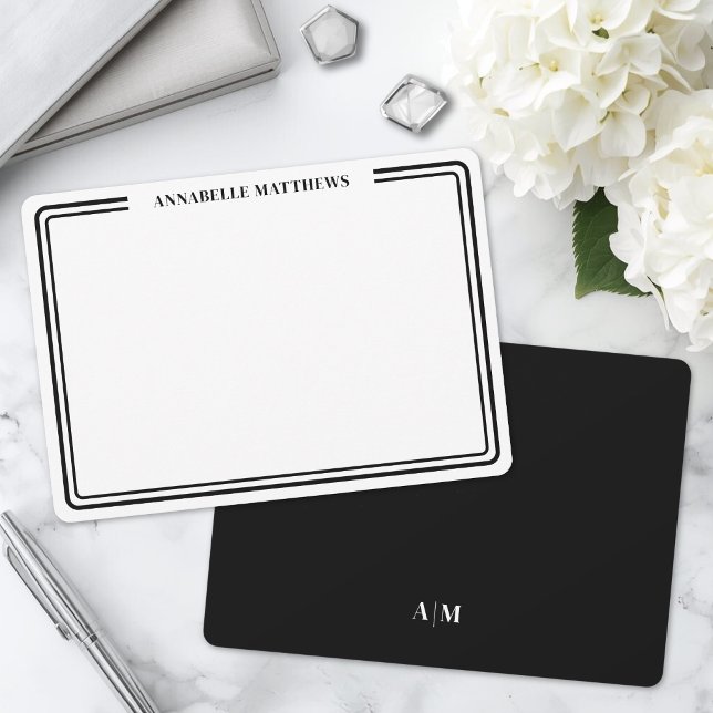 Elegant Black White Two Border Minimalist Monogram Card (Elegant Black White Two Border Minimalist Monogram Note Card )