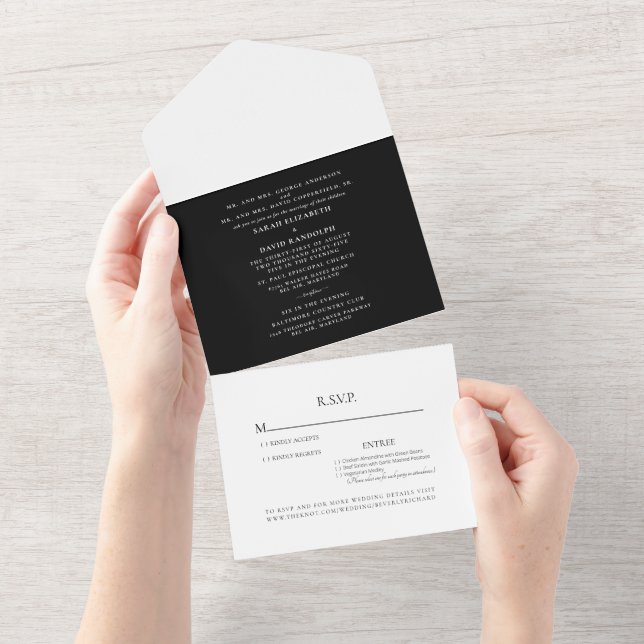 Elegant Black & White Two Venue Simple All In One  Invitation (Tearaway)