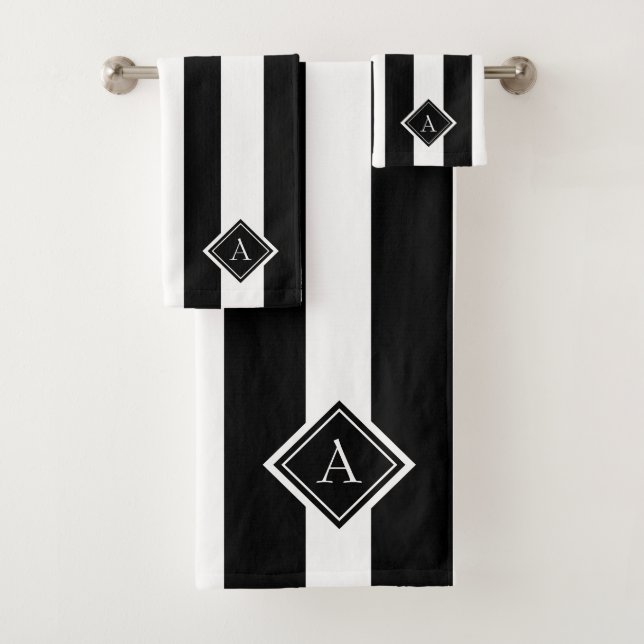 Elegant Black White Vertical Stripes Monogram Bath Towel Set (Insitu)