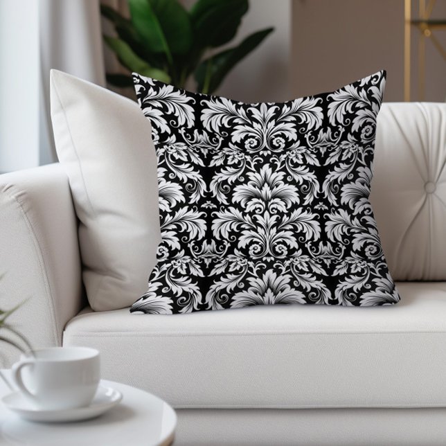 Elegant Black White Vintage Damask Cushion (Elegant vintage black and white damask decorator pillow)