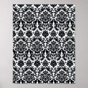 Elegant Black White Vintage Damask Pattern Poster