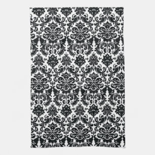 Elegant Black White Vintage Damask Pattern Tea Towel