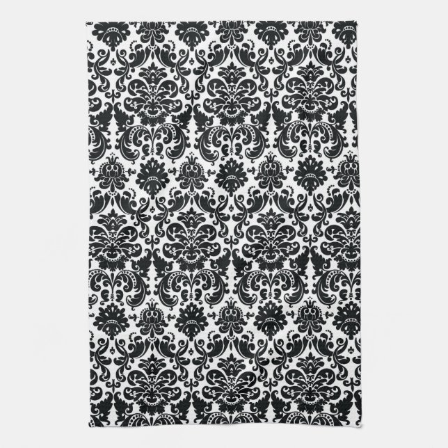 Elegant Black White Vintage Damask Pattern Tea Towel (Vertical)