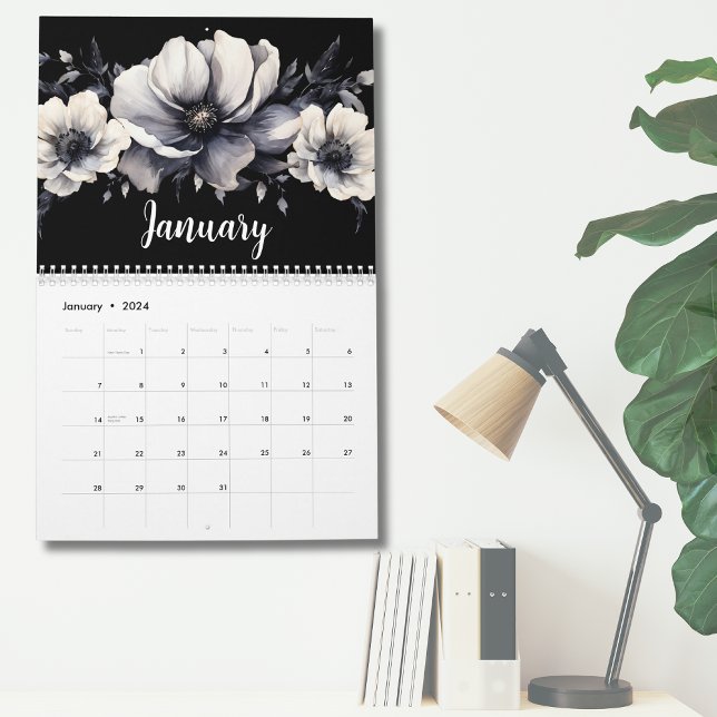 Elegant Black White Watercolor Floral  Calendar (Chic Elegant Black White Watercolor Floral Calendar)