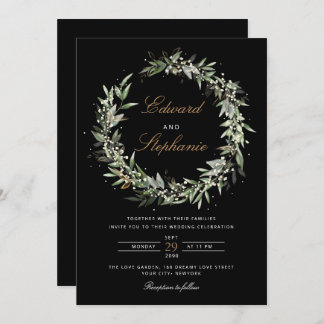 Elegant Black & White Watercolor Greenery Wedding Invitation