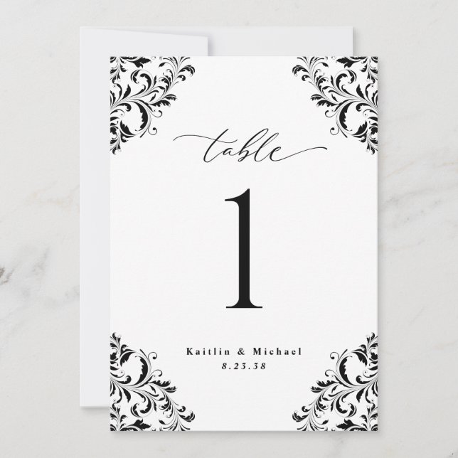 Elegant Black White Wedding 5x7 Table Number Cards (Front)
