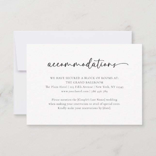 Elegant Black White Wedding Accommodations Card (Front)