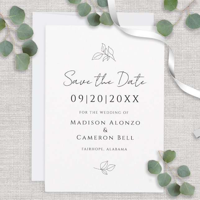 Elegant Black & White Wedding Botanical Leaves Save The Date (Elegant Black & White Wedding Botanical Leaves Save The Date)