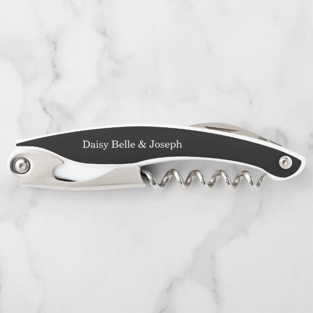 Elegant Black & White Wedding Favour Corkscrew (Front)