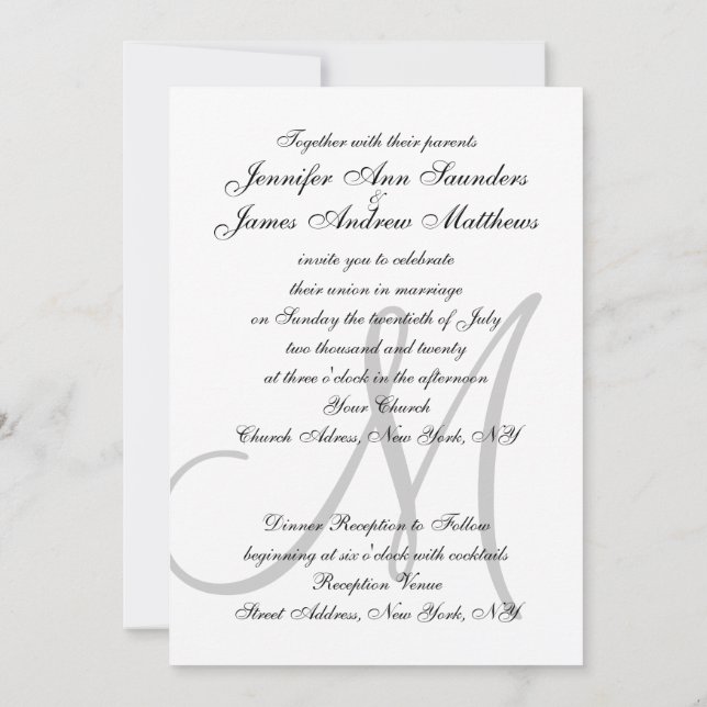 Elegant Black White Wedding Invitations Initial (Back)