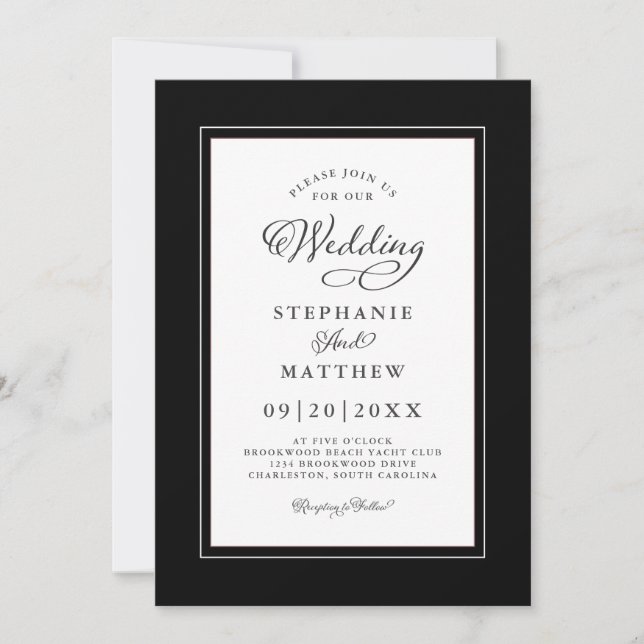 Elegant Black White Wedding Modern Elegant Borders Invitation (Front)