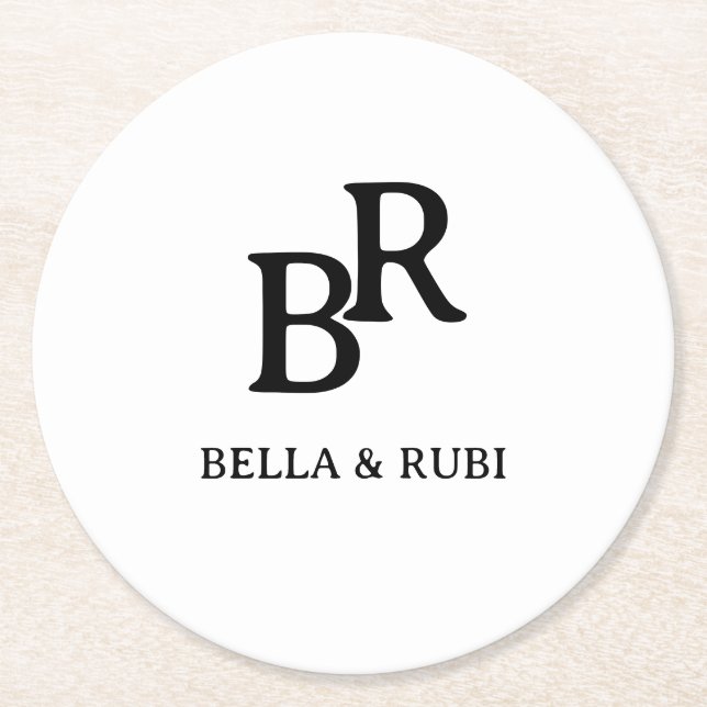 Elegant Black White Wedding Monogram Design Round Paper Coaster (Front)