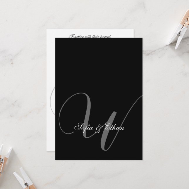 Elegant Black White Wedding Monogram Invitation (Front/Back In Situ)