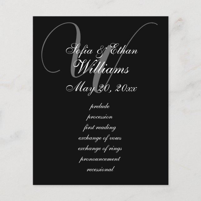 Elegant Black White Wedding Monogram Program (Front)