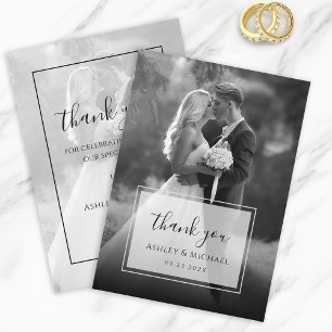 Elegant Black & White Wedding Photo Modern Script  Thank You Card