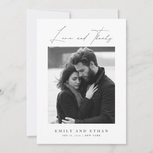 Elegant Black & White Wedding Photo Thank You Card (Front)