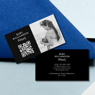 Elegant Black & White Wedding Photographer QR Code Business Card