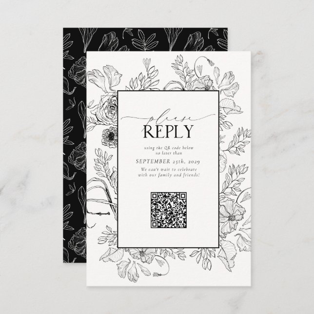 Elegant Black White Wedding QR Code Please Reply RSVP Card (Front/Back)