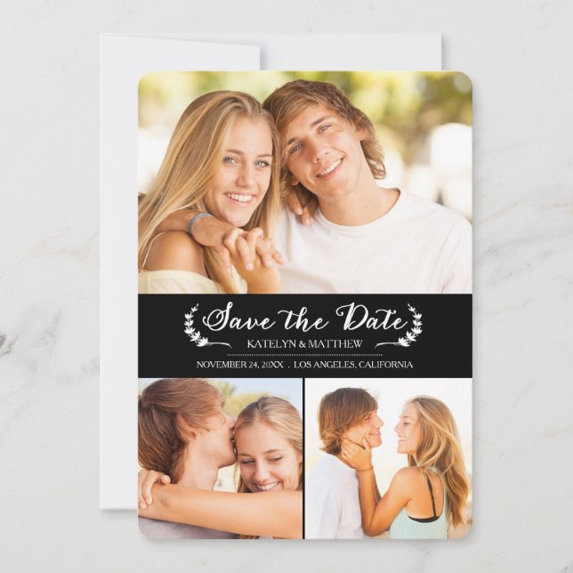 Elegant Black / White Wedding Save the Date Card (Front)