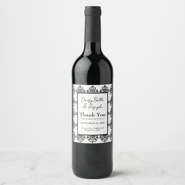 Elegant Black & White Wedding  Wine Label (Front)