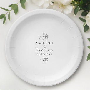 Elegant Black White Weddings Leaves Names & Date Paper Plate