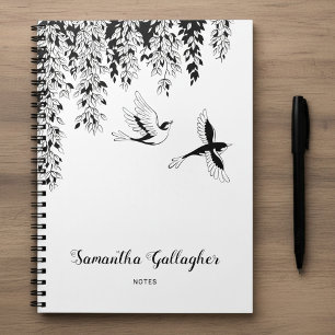 Elegant Black White Weeping Birch Flying Birds Notebook