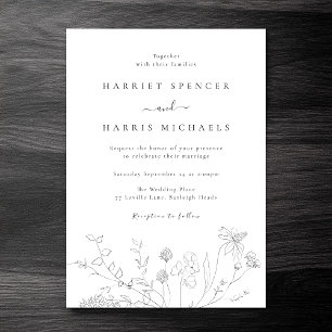 Elegant Black & White Wildflowers Modern Wedding Invitation