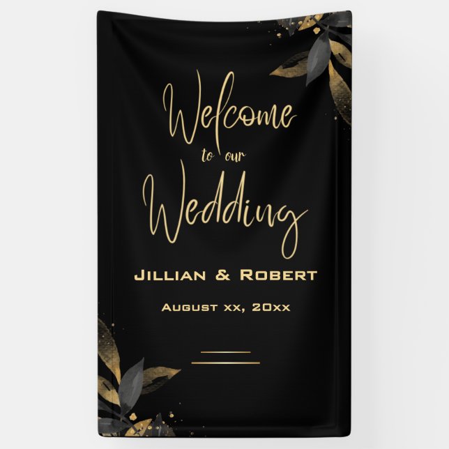 Elegant Black & White, With Gold Wedding Reception Banner (Vertical)