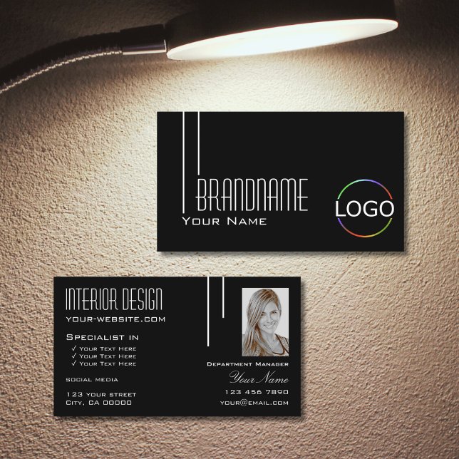 Elegant Black White with Logo & Photo Professional Business Card (Creator Uploaded)