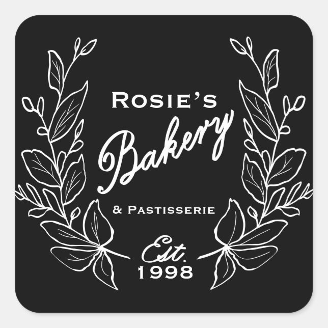 Elegant Black White Wreath Bakery Script Logo Square Sticker (Front)
