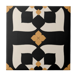 Elegant Black &White Yellow Abstract Floral  Ceramic Tile