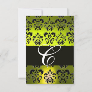 ELEGANT BLACK WHITE YELLOW DAMASK MONOGRAM RSVP CARD