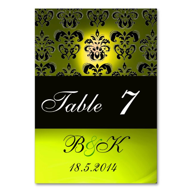 ELEGANT BLACK,WHITE YELLOW DAMASK MONOGRAM TABLE NUMBER (Front)