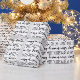 Elegant Black WhiteTypography Merry Christmas Wrapping Paper