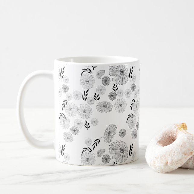 Elegant Black Wildflower Doodles Pattern  Coffee Mug (With Donut)