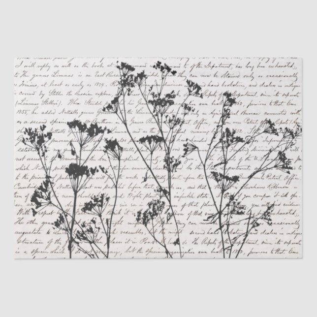 Elegant Black Wildflower Silhouettes Script Kraft Tissue Paper (Front)